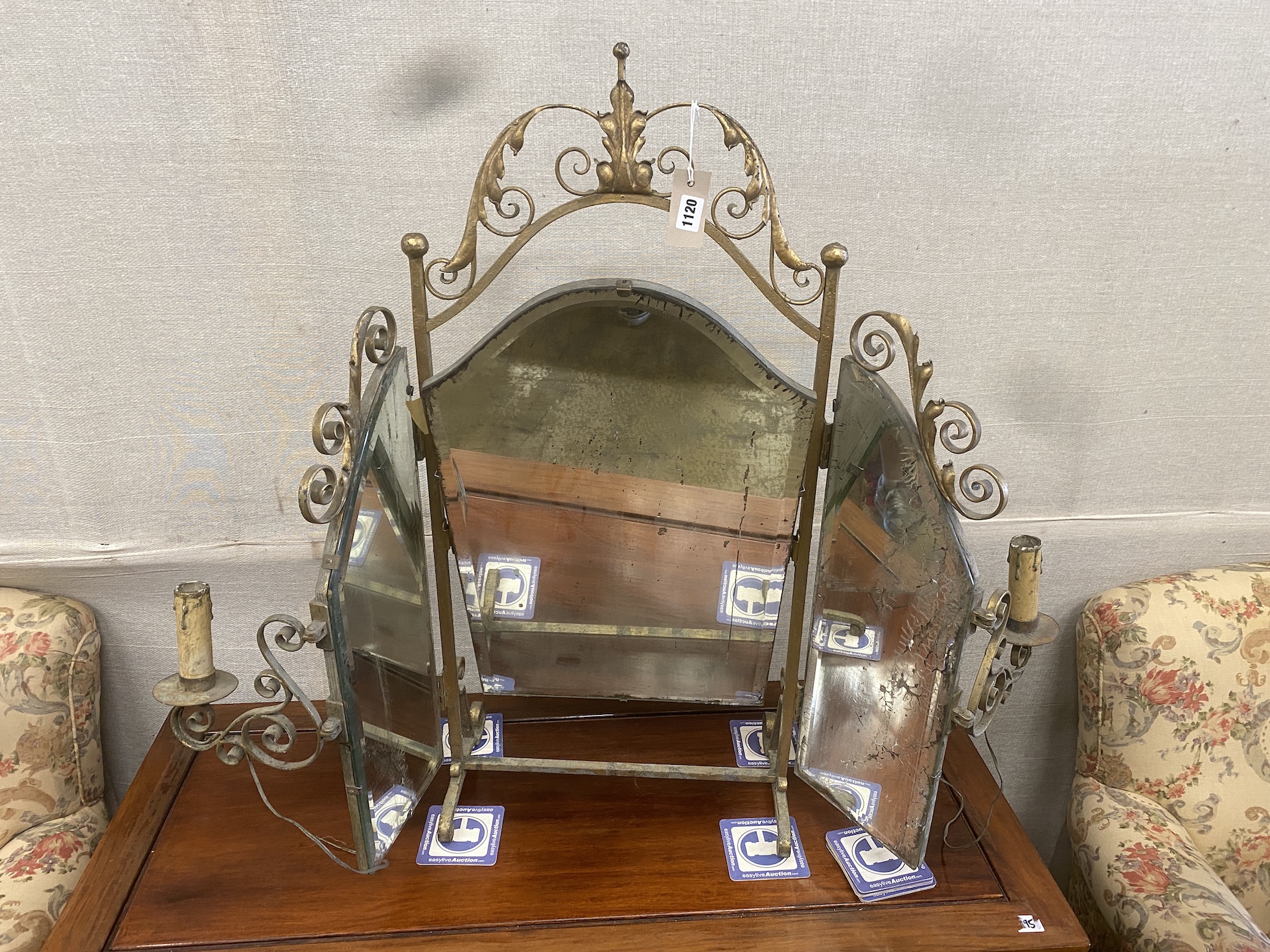 A gilt painted wrought iron triple dressing table mirror, height 88cm